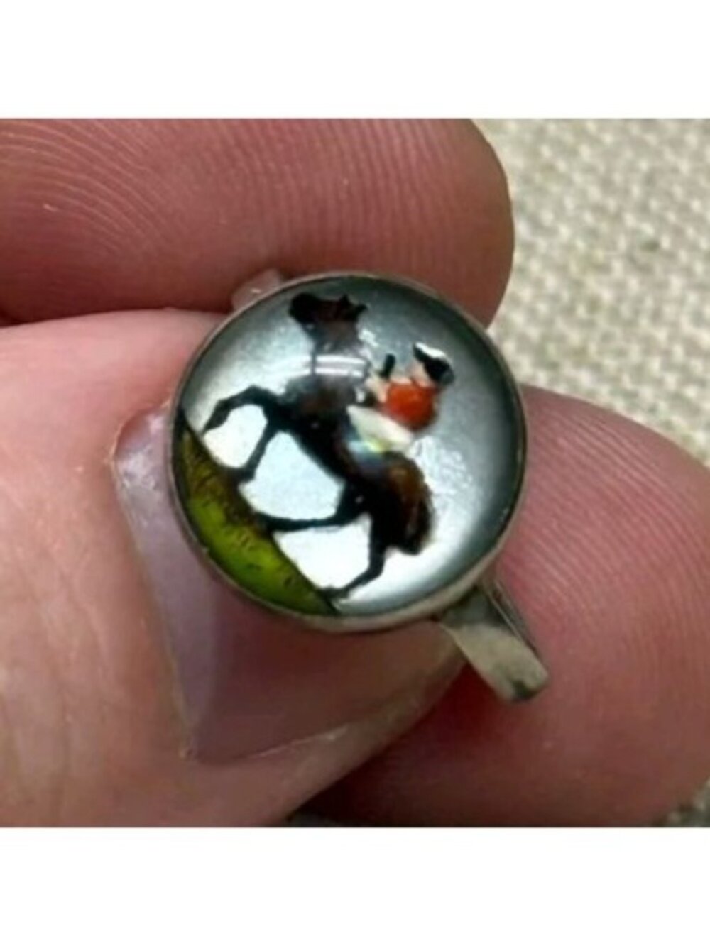 Vtg Sterling Silver Reverse Painted Essex Glass Horse Jockey Ring Adjustable - Picture 4 of 6
